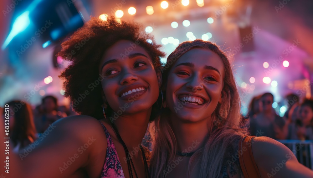 Two friends taking a selfie at a concert, happy and smiling, crowd in the background, bright lights, evening time, concert atmosphere. Two friends taking a selfie at a concert, happy and smiling, crowd in the background, bright lights, evening time, concert atmosphere.