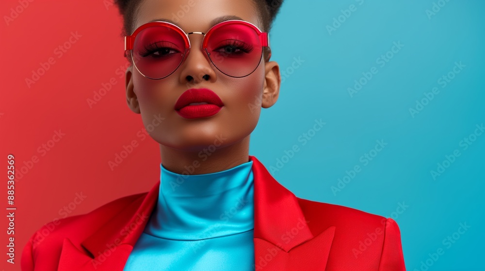 A woman wearing red glasses and red lipstick stands in front of a blue background. Concept of confidence and boldness, as the woman is dressed in a striking outfit and has a bold makeup look A woman wearing red glasses and red lipstick stands in front of a blue background. Concept of confidence and boldness, as the woman is dressed in a striking outfit and has a bold makeup look
