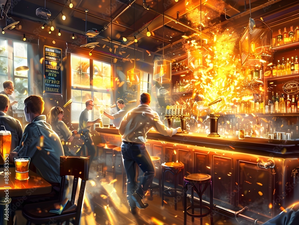 Impactful Announcement Ignites Lively Bar Environment with Dramatic Reactions