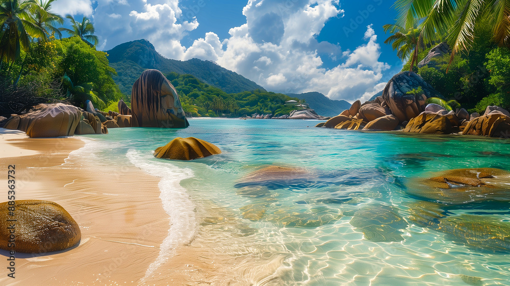Fototapeta premium Imaginatively staged sandy beach with palm trees. Landscape has tropical character, such as in Seychelles