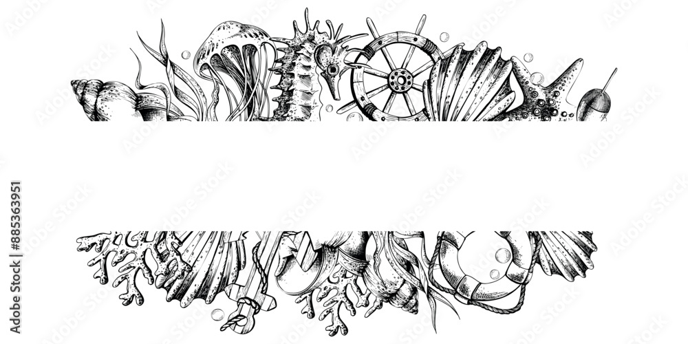 Fototapeta premium Marine animals with an anchor, a lifebuoy and a steering wheel. Illustration of graphic line art in black and white, hand drawn. Horizontal board, frame for decoration and design