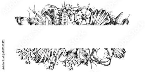 Marine animals with an anchor, a lifebuoy and a steering wheel. Illustration of graphic line art in black and white, hand drawn. Horizontal board, frame for decoration and design