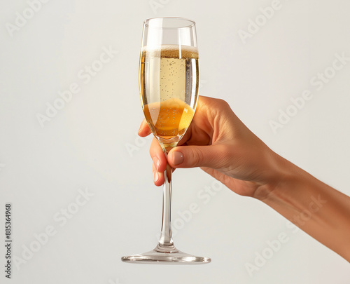 A hand holding a champagne glass with a white background