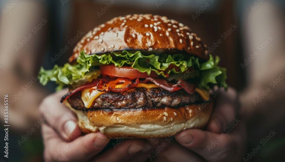 Scrumptious beef patty with melted cheese crispy bacon and fresh veggies Scrumptious beef patty with melted cheese crispy bacon and fresh veggies