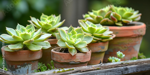 Plantas suculentas verdes brilhantes em vasos de terracota photo