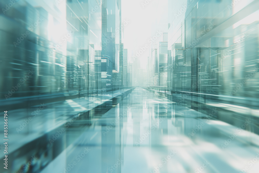 Fototapeta premium Futuristic city with blurry moving glass buildings and skyscrapers. Use a white and blue theme.