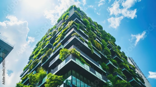 Green building with plants growing on the facade. Ecology and green living in city