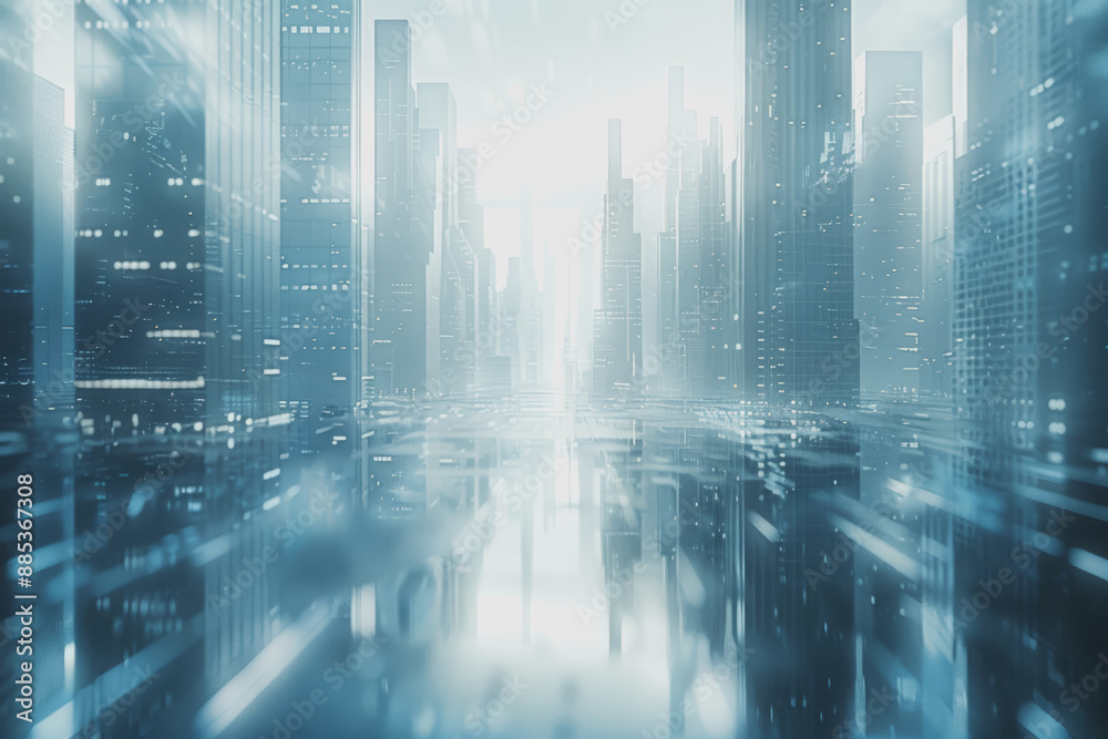 Obraz premium Futuristic city with blurry moving glass buildings and skyscrapers. Use a white and blue theme.