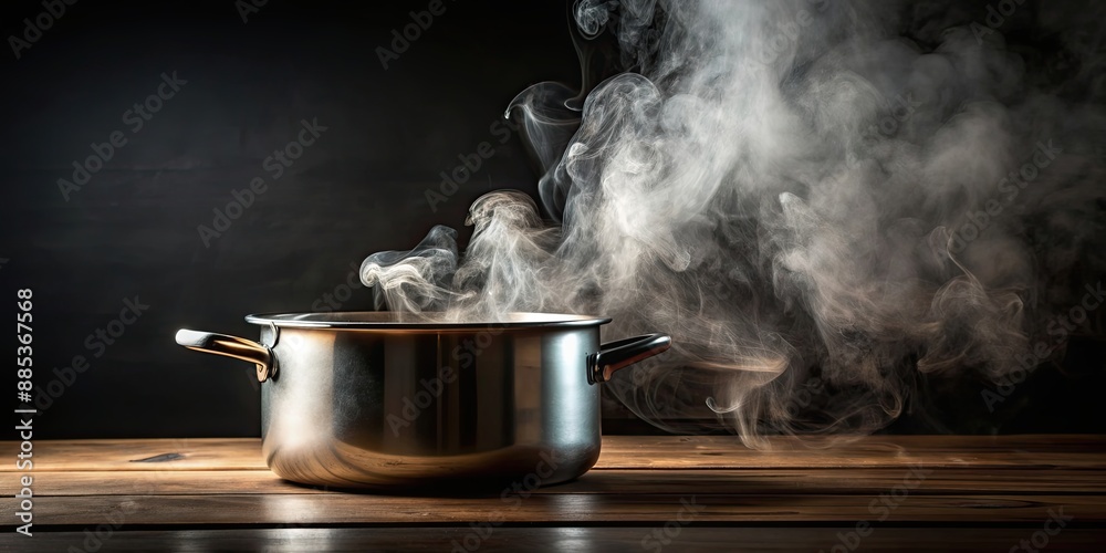 Steam rising over a cooking pot in a dark kitchen setting, steam, cooking, pot, kitchen, food, preparation, heat Steam rising over a cooking pot in a dark kitchen setting, steam, cooking, pot, kitchen, food, preparation, heat