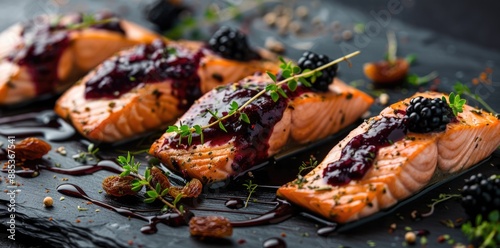 Gourmet cut of salmon with sauce and herbs.