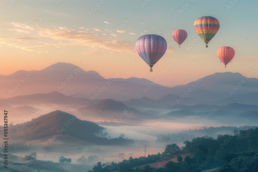 Hot Air Balloons Soaring Over Misty Mountain Ranges Hot Air Balloons Soaring Over Misty Mountain Ranges