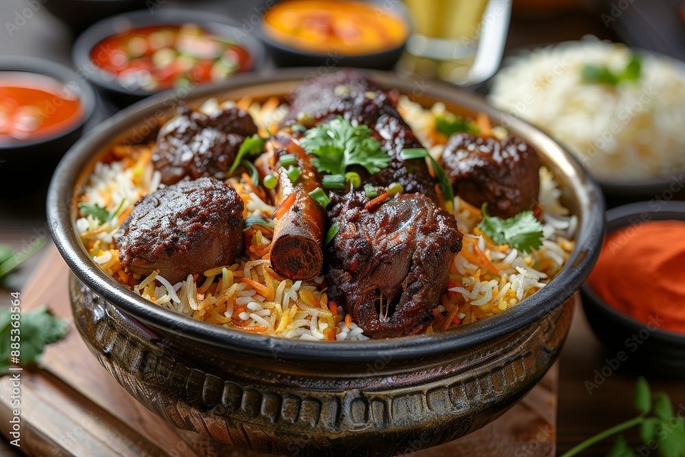 Biryani with rice, meat, and spices flying in a flavorful burst Biryani with rice, meat, and spices flying in a flavorful burst