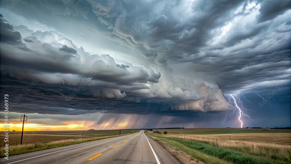 Rural landscape with empty highway, dramatic storm clouds Rural landscape with empty highway, dramatic storm clouds