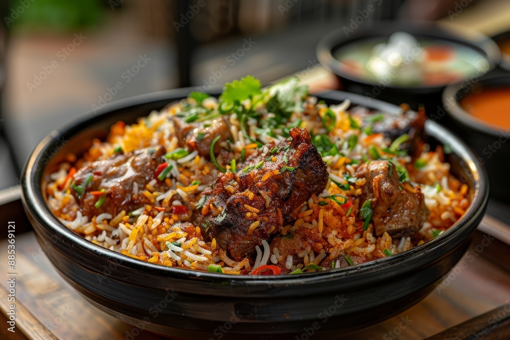 Biryani with rice, meat, and spices flying in a flavorful burst Biryani with rice, meat, and spices flying in a flavorful burst