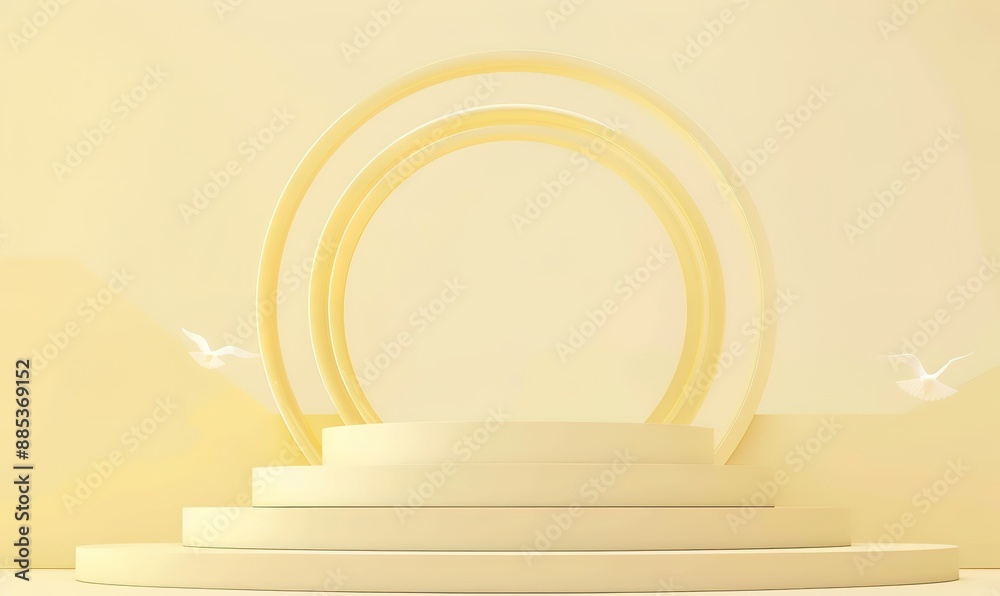 a multi-story white podium with a yellow circle background and cream walls a multi-story white podium with a yellow circle background and cream walls