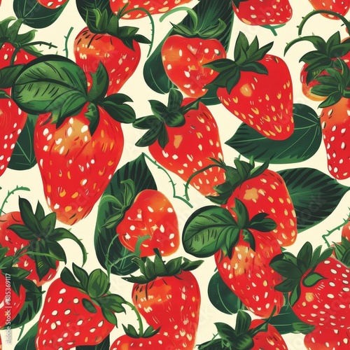 Seamless pattern of handpainted watercolor strawberries with leaves on a cream background photo
