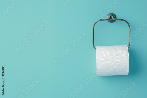 Toilet paper roll hanging on a metallic holder against a turquoise wall background. Bathroom decor, hygiene product, modern interior design, cleanliness, minimalist style concepts.