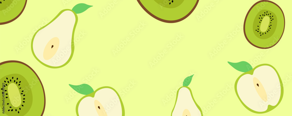 Fruits background banner. Apple, pear and kiwi background. Flat style. Vector illustration. Fruits background banner. Apple, pear and kiwi background. Flat style. Vector illustration.
