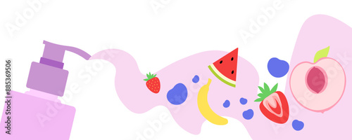 Shampoo banner. Fruits background. Flat style. Vector icons.