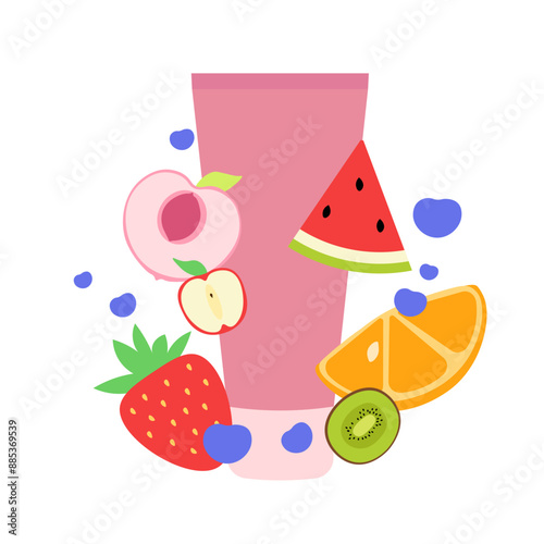 Shampoo banner. Fruits background. Flat style. Vector icons.