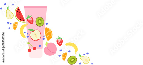 Shampoo banner. Fruits background. Flat style. Vector icons.