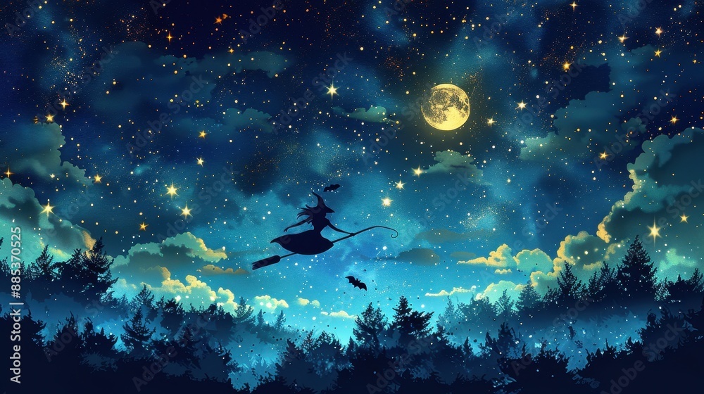 A witch flying on a broomstick across a starry night sky A witch flying on a broomstick across a starry night sky