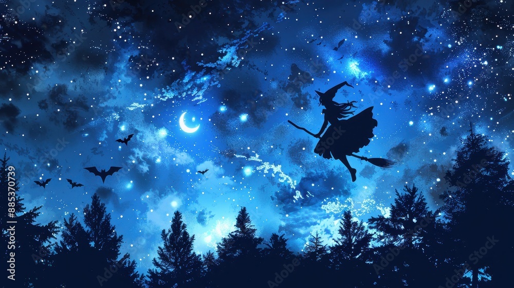 A witch flying on a broomstick across a starry night sky A witch flying on a broomstick across a starry night sky