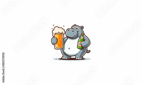 character cartoon hippo hold cold beer vector flat design photo