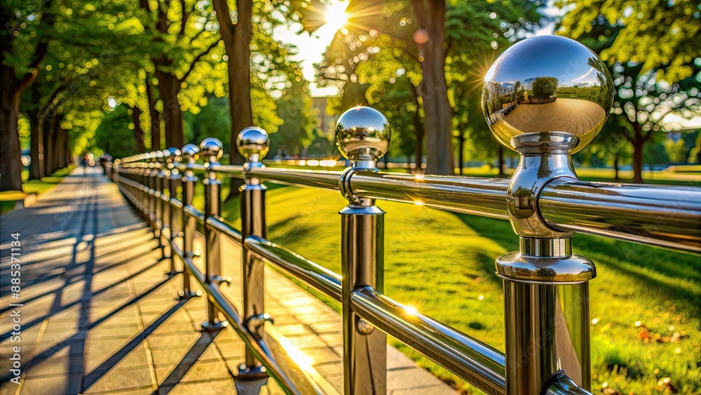 Polished chrome banisters reflecting the sun on a pedestrian avenue in the park, chrome, banisters, sun, pedestrian, avenue Polished chrome banisters reflecting the sun on a pedestrian avenue in the park, chrome, banisters, sun, pedestrian, avenue