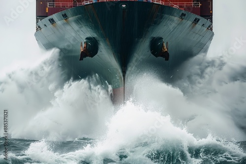 Close up at the front of a big containership with crushing waves.