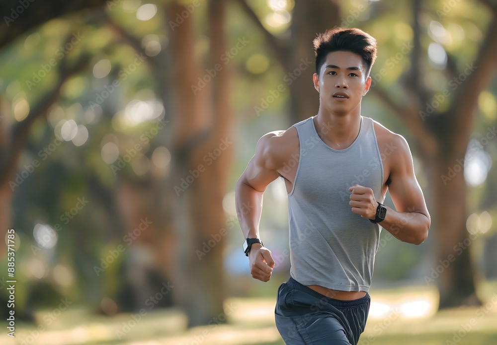 Asian man running in the park, wearing a light gray tank top and dark blue shorts with a black sports watch on his left wrist. The focus is on his face in soft sunlight Asian man running in the park, wearing a light gray tank top and dark blue shorts with a black sports watch on his left wrist. The focus is on his face in soft sunlight