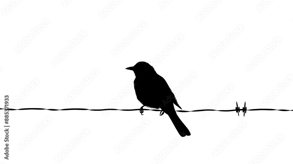 Black and white bird illustration of a silhouette on a wire Black and white bird illustration of a silhouette on a wire