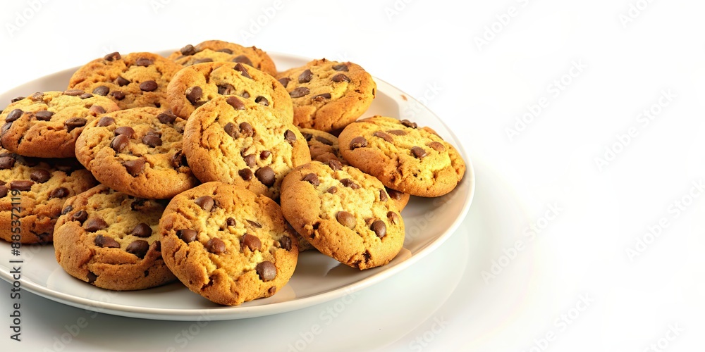 Freshly baked chocolate chip cookies arranged on a white plate , cookies, homemade, dessert, delicious, sweet, treat, snack Freshly baked chocolate chip cookies arranged on a white plate , cookies, homemade, dessert, delicious, sweet, treat, snack