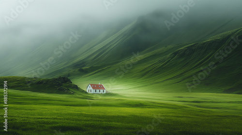 Lonely small house on a green hill Generative Ai