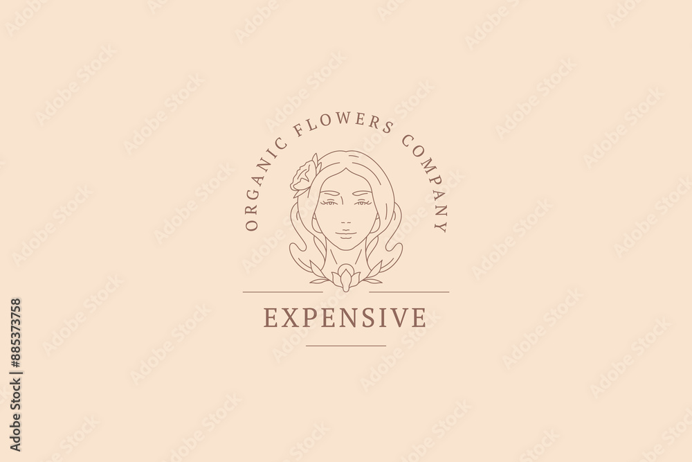 Beautiful botanical woman face luxury retro line logo design template vector illustration Beautiful botanical woman face luxury retro line logo design template vector illustration