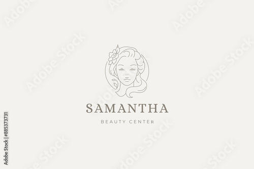 Romantic female face with flower in hair outline logo design template vector illustration