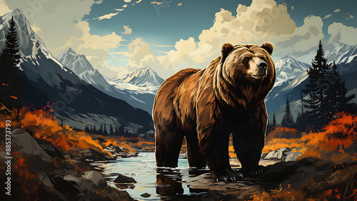 Grizzly Bear In Mountains - Wilderness, Digital Art, Nature, Painting, Outdoors Background, Backcountry Wallpaper