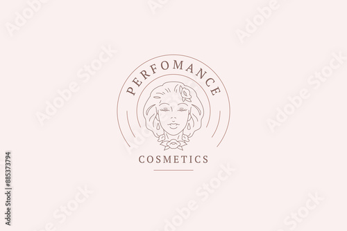 Romantic floral woman face circle line logo design template vector illustration
