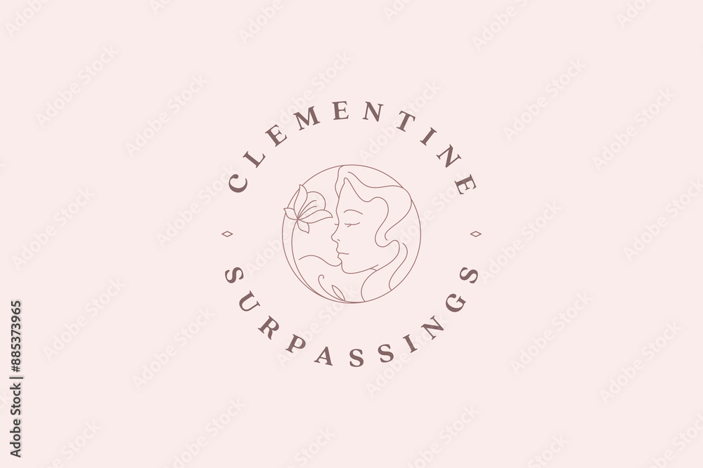 Elegant boho woman face with flower outline circle logo design template for organic cosmetics vector Elegant boho woman face with flower outline circle logo design template for organic cosmetics vector