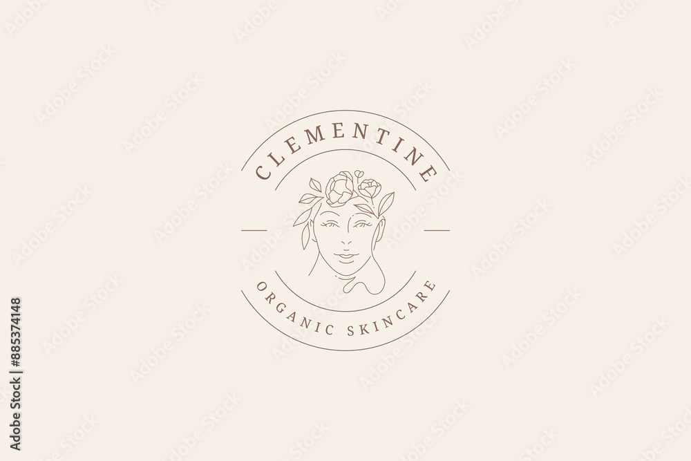 Fototapeta premium Beauty botanical female portrait continuous line circle logo design template vector illustration