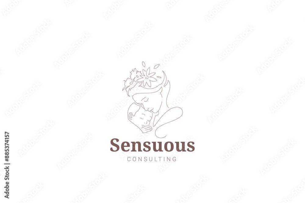 Mother and baby floral blossom portrait continuous line logo design template vector illustration Mother and baby floral blossom portrait continuous line logo design template vector illustration