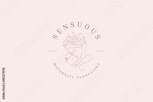 Floral mother hugging newborn baby continuous line logo design template vector illustration