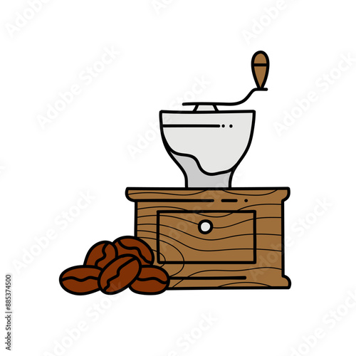 coffee bean and grinder hand drawn color vector illustration