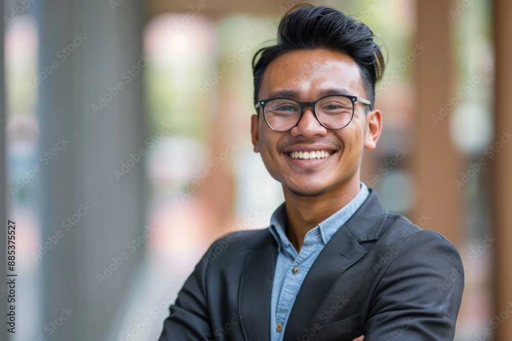 Fototapeta premium The Smiling Face of Success, Tech Savvy and Confident, Young Business Leader