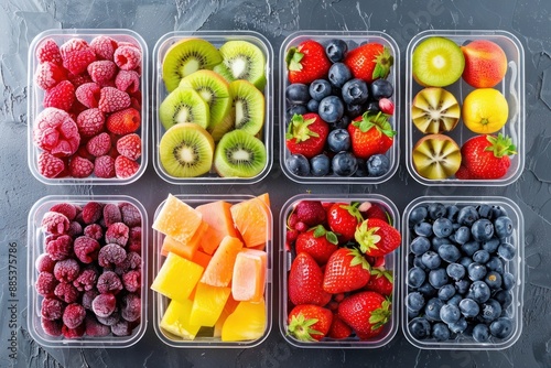 top view frozen Assortment of fruits prepared in containers photo