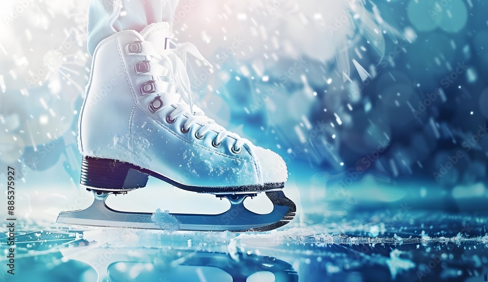 Beautiful ice skating skate on an abstract background with copy space, blue and white colors, side view. Beautiful ice skating skate on an abstract background with copy space, blue and white colors, side view.