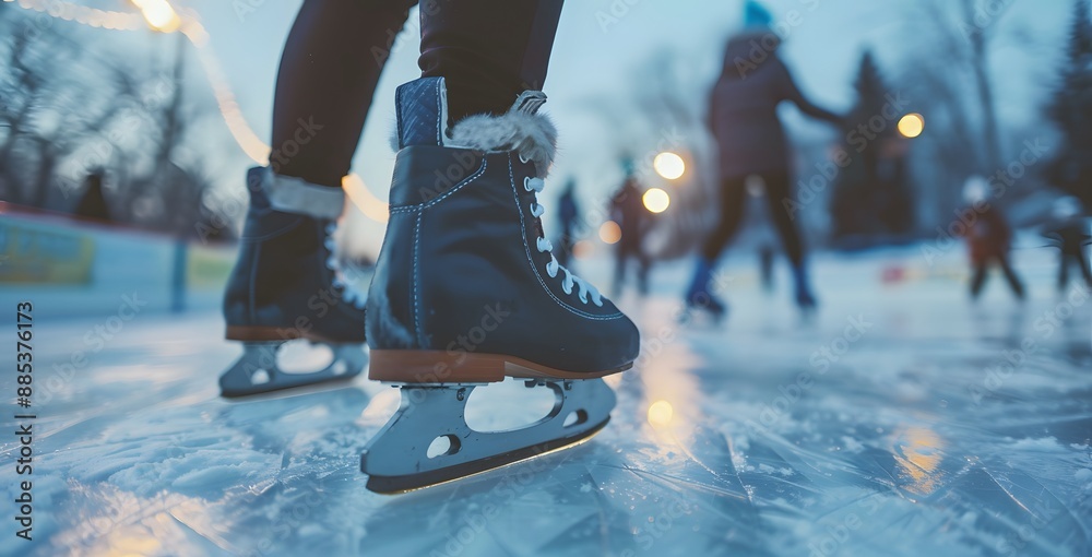 Fototapeta premium People skating on an ice rink in winter, the focus is on the shoes and figure skaters feet