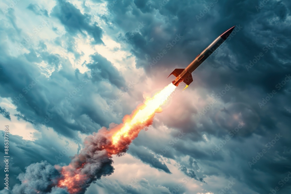 Fototapeta premium Unleashing Destruction, Missile Flying in Cloudy Skies with Fiery Thrust Burning Bright