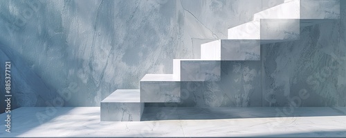 a white staircase indoors with a concrete structure and light beams from above photo