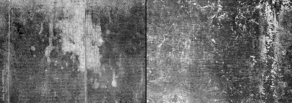 Fototapeta premium Two types grey concrete wall with scratches background.